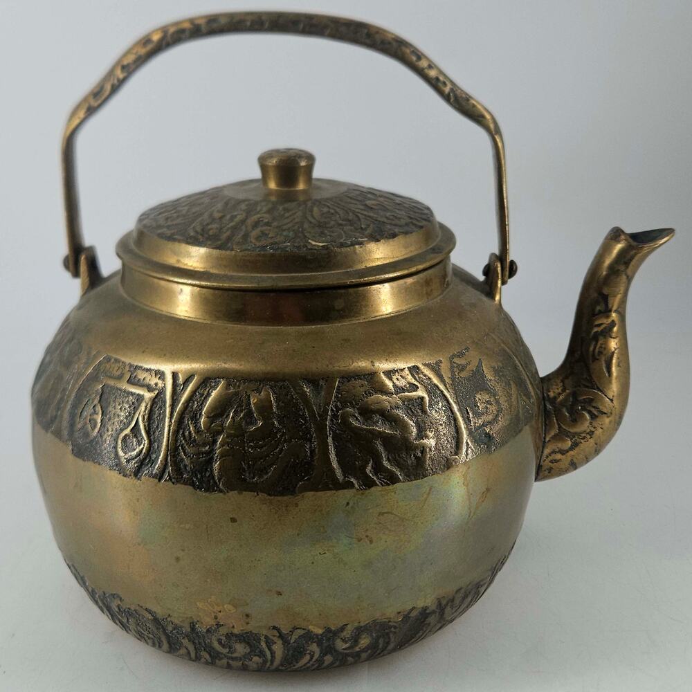 Vintage MCM solid brass Zodiac Horoscope Teapot kettle embossed astrology 1960's